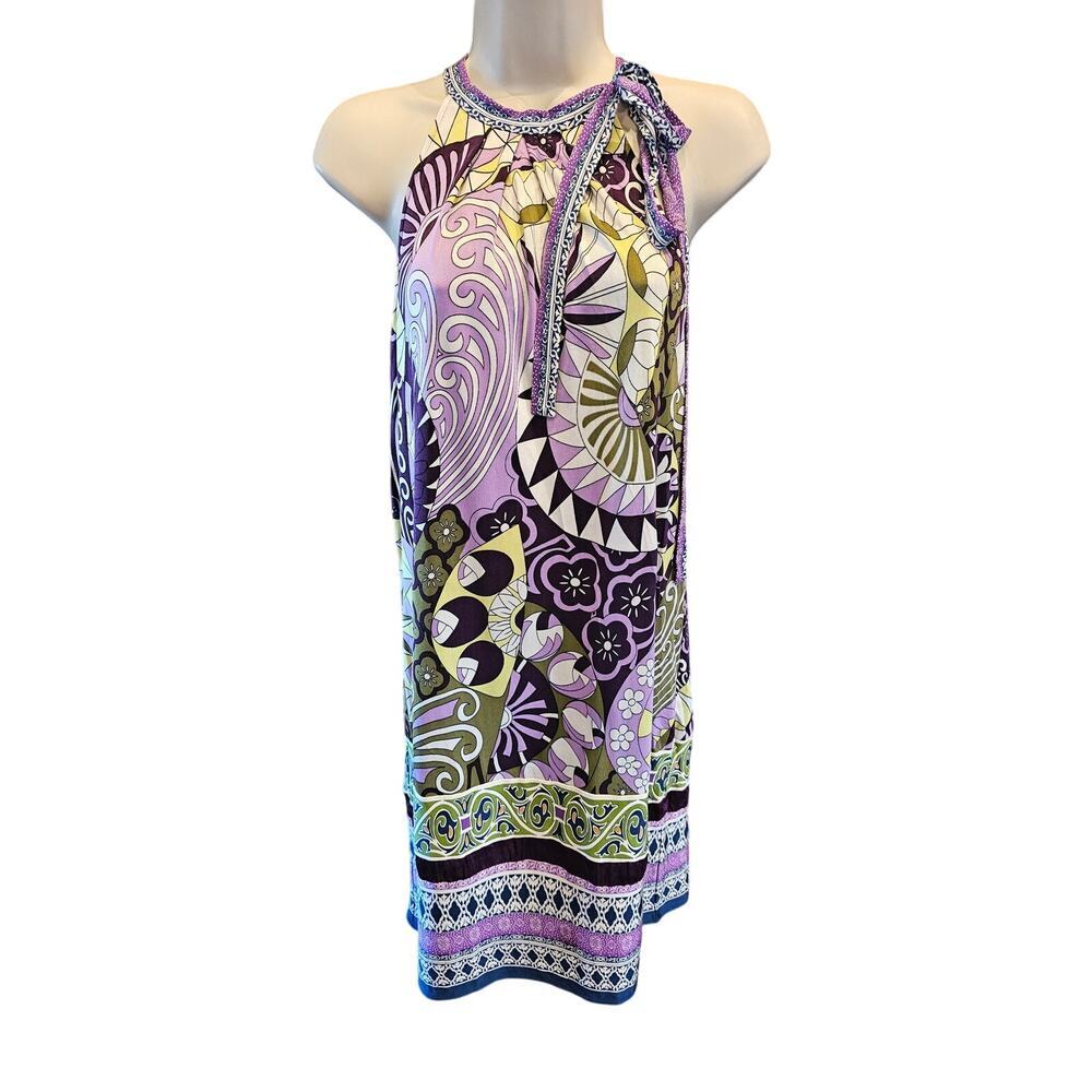 Hale Bob 100% silk halter beach boho summer colorful whimsical dress midi EUC S